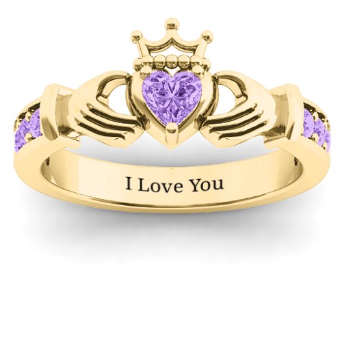Classic Claddagh Heart Cut Ring with Accents – 18K Gold Plated Silver with Amethyst