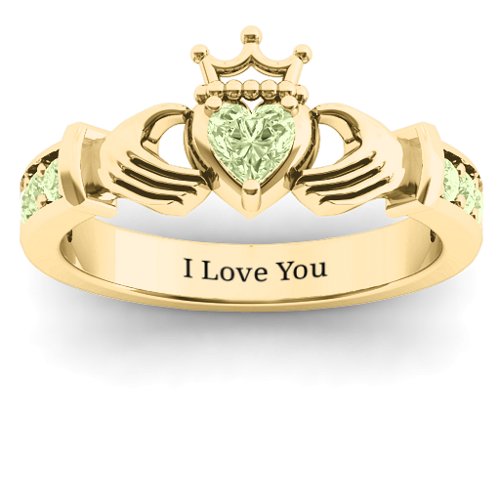 Classic Claddagh Heart Cut Ring with Accents – 18K Gold Plated Silver with Peridot