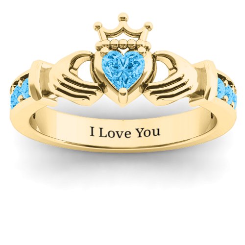 Classic Claddagh Heart Cut Ring with Accents – 18K Gold Plated Silver with Blue Topaz