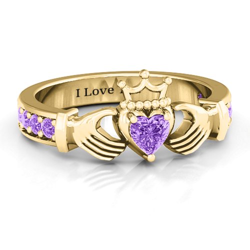 Classic Claddagh Heart Cut Ring with Accents – 18K Gold Plated Silver with Amethyst