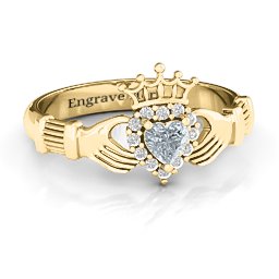 Claddagh with Halo Ring in 14K Solid Yellow Gold with Cubic Zirconia and White Premium Zirconia