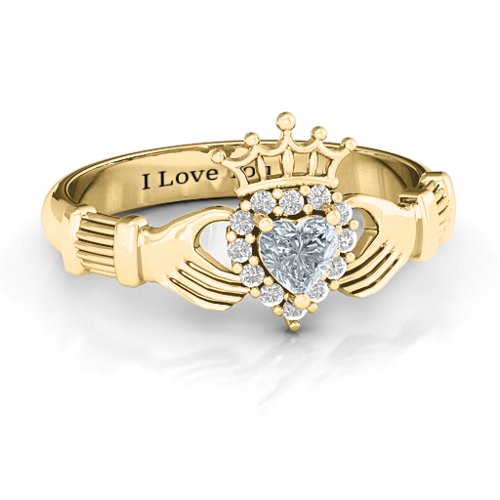 Claddagh with Halo Ring – 14K Yellow Gold with Cubic Zirconia and White Premium Zirconia