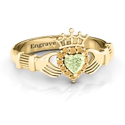 Claddagh with Halo Ring in 18K Gold Plated Silver with Peridot and Fancy Yellow Premium Zirconia