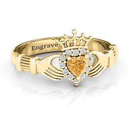 Claddagh with Halo Ring in 18K Gold Plated Silver with Citrine and White Premium Zirconia