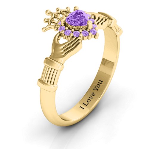 Claddagh with Halo Ring – 18K Gold Plated Silver with Amethyst and Amethyst Premium Zirconia