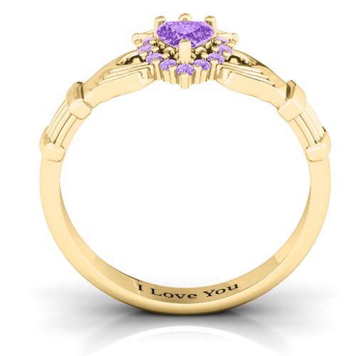 Claddagh with Halo Ring – 18K Gold Plated Silver with Amethyst and Amethyst Premium Zirconia