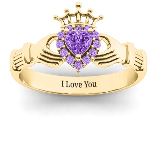 Claddagh with Halo Ring – 18K Gold Plated Silver with Amethyst and Amethyst Premium Zirconia