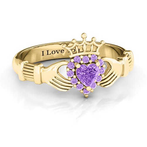 Claddagh with Halo Ring – 18K Gold Plated Silver with Amethyst and Amethyst Premium Zirconia
