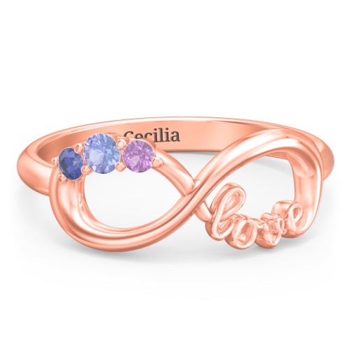 Birthstone Infinity Love Ring – 10K Rose Gold with Tanzanite, Blue Sapphire, and Amethyst