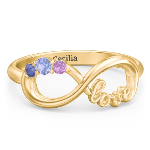 Birthstone Infinity Love Ring – 10K Yellow Gold with Tanzanite, Blue Sapphire, and Amethyst