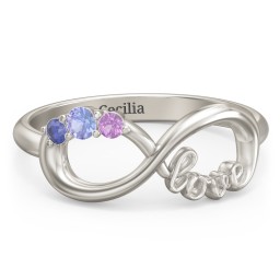 Birthstone Infinity Love Ring in 10K Solid White Gold with Tanzanite, Blue Sapphire, and Amethyst