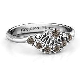 4 - 9 Stone Mom's Glimmering Love Ring in 925 Sterling Silver with Smokey Quartz, Amethyst, and Cubic Zirconia