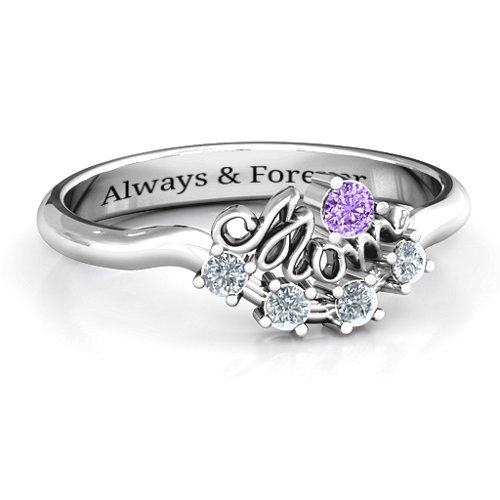 4 - 9 Stone Mom's Glimmering Love Ring – Sterling Silver with Amethyst and Cubic Zirconia