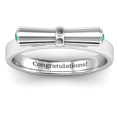 Diploma Scroll Graduation Ring – Sterling Silver with Emerald