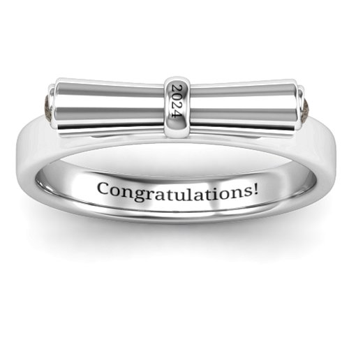 Diploma Scroll Graduation Ring – Sterling Silver with Smokey Quartz