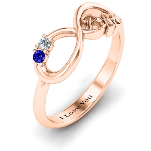 BFF Friendship Infinity Ring with 2 - 7 Stones – 10K Rose Gold with Cubic Zirconia and Blue Sapphire