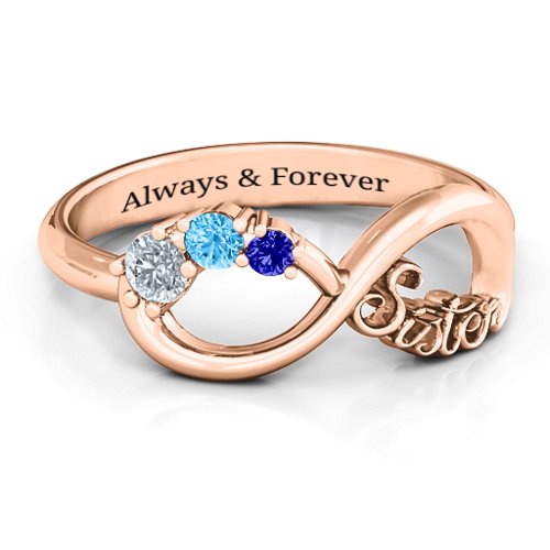 2-4 Stone Sisters Infinity Ring – 10K Rose Gold with Cubic Zirconia, Blue Topaz, and Blue Sapphire