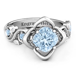 Cushion on Flowers Ring in 925 Sterling Silver with Aquamarine