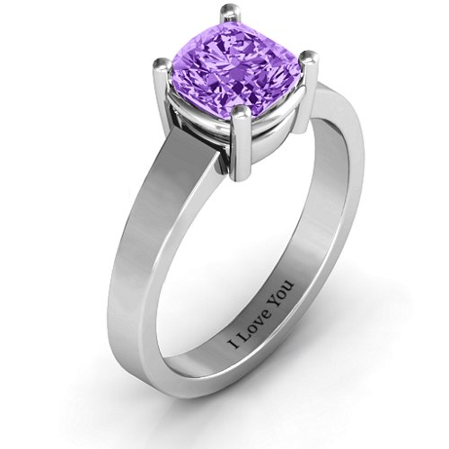 Cushion Cut Solitaire Ring – Sterling Silver with Amethyst