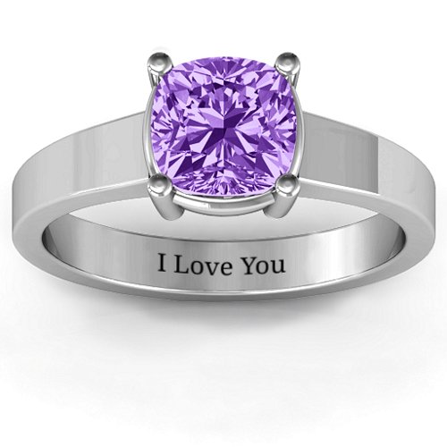 Cushion Cut Solitaire Ring – Sterling Silver with Amethyst