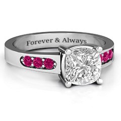 Cushion Cut Solitaire with Accents Ring – Sterling Silver with White Premium Zirconia and Ruby