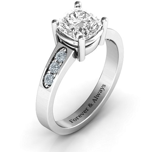 Cushion Cut Solitaire with Accents Ring – Sterling Silver with White Premium Zirconia and Cubic Zirconia