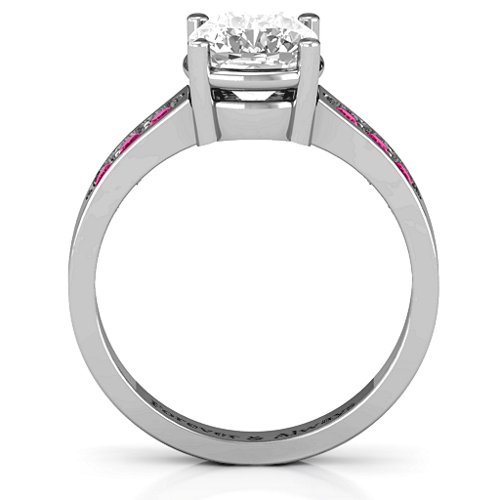 Cushion Cut Solitaire with Accents Ring – Sterling Silver with White Premium Zirconia and Ruby