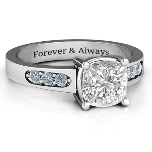 Cushion Cut Solitaire with Accents Ring – Sterling Silver with White Premium Zirconia and Cubic Zirconia
