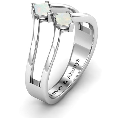 Peaks and Valleys Geometric Ring With Princess Stones – Sterling Silver with Opal