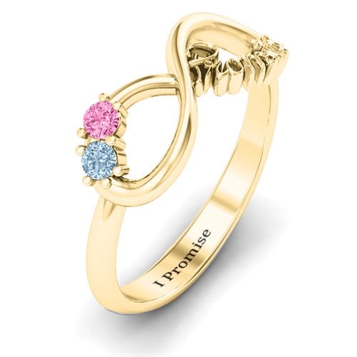 Two Stone Promise Infinity Ring – 10K Yellow Gold with Aquamarine and Pink Tourmaline