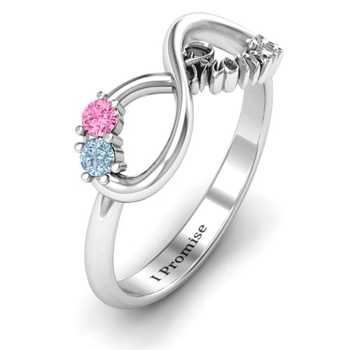 Two Stone Promise Infinity Ring – Sterling Silver with Aquamarine and Pink Tourmaline