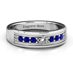 Star of David Band Ring in 925 Sterling Silver with Blue Sapphire