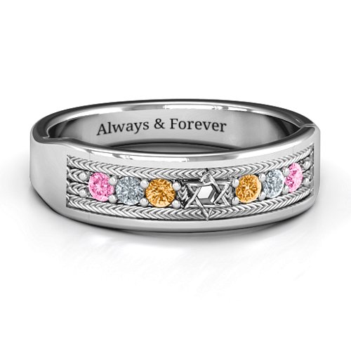 Star of David Band Ring – Sterling Silver with Pink Tourmaline, Cubic Zirconia, and Citrine