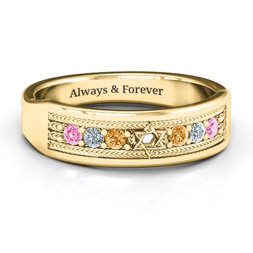 Star of David Band Ring – 10K Yellow Gold with Pink Tourmaline, Cubic Zirconia, and Citrine