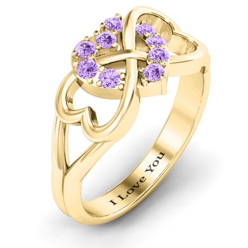 Birthstone Triple Heart Infinity Ring – 10K Yellow Gold with Amethyst