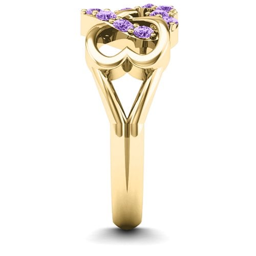 Birthstone Triple Heart Infinity Ring – 10K Yellow Gold with Amethyst