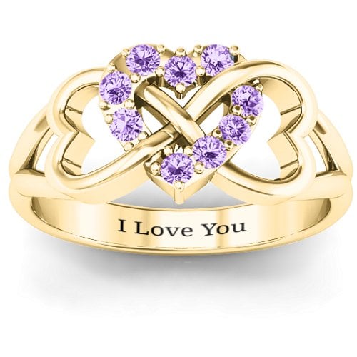Birthstone Triple Heart Infinity Ring – 10K Yellow Gold with Amethyst