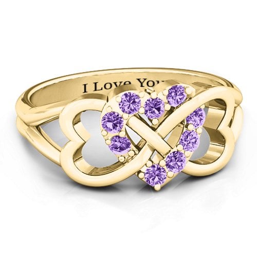 Birthstone Triple Heart Infinity Ring – 10K Yellow Gold with Amethyst