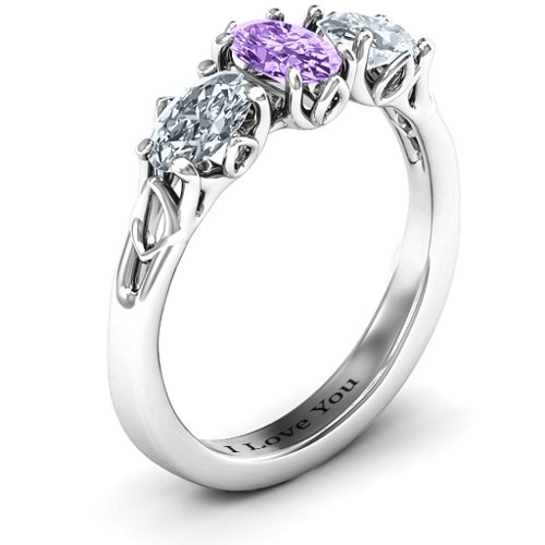 Triple Oval Stone Engagement Ring – Sterling Silver with Amethyst and Cubic Zirconia