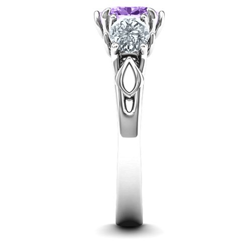 Triple Oval Stone Engagement Ring – Sterling Silver with Amethyst and Cubic Zirconia