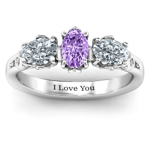 Triple Oval Stone Engagement Ring – 10K White Gold with Amethyst and Cubic Zirconia