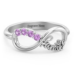 Family Infinite Love with Stones Ring in 925 Sterling Silver with Amethyst, Cubic Zirconia, Aquamarine, and Pink Tourmaline