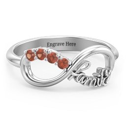 Family Infinite Love with Stones Ring in 925 Sterling Silver with Garnet, Cubic Zirconia, Aquamarine, and Pink Tourmaline