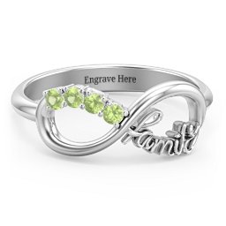 Family Infinite Love with Stones Ring in 925 Sterling Silver with Peridot, Cubic Zirconia, Aquamarine, and Pink Tourmaline