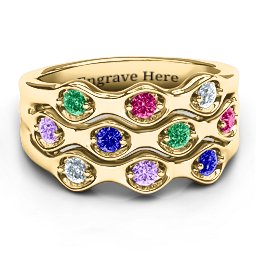 3 Tier Wave Ring in 10K Solid Yellow Gold with Emerald, Ruby, Cubic Zirconia, Amethyst, and Blue Sapphire