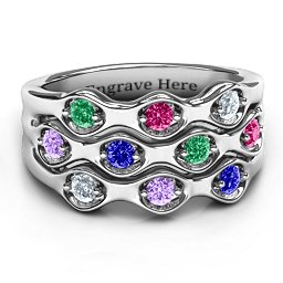 3 Tier Wave Ring in 925 Sterling Silver with Emerald, Ruby, Cubic Zirconia, Amethyst, and Blue Sapphire