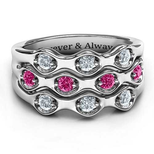 3 Tier Wave Ring – Sterling Silver with Cubic Zirconia and Ruby