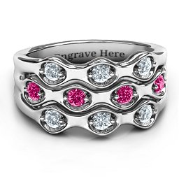3 Tier Wave Ring in 10K Solid White Gold with Cubic Zirconia and Ruby
