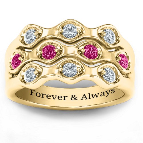 3 Tier Wave Ring – 10K Yellow Gold with Cubic Zirconia and Ruby