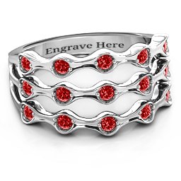 3 Row Fashion Wave Ring in 925 Sterling Silver with Garnet